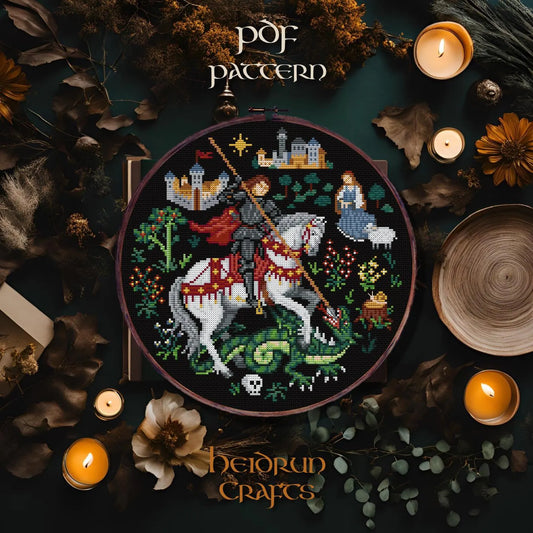 St. George and the Dragon Cross Stitch Pattern PDF – Medieval Art Style, Knight & Dragon, Castlecore, Fantasy Embroidery