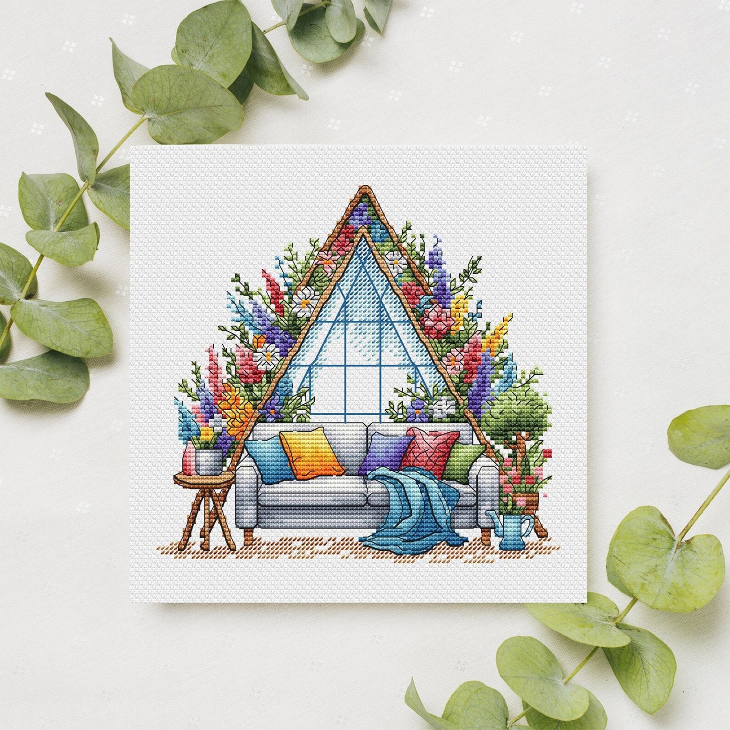 Garden Pattern for Cross Stitch, Spring Embroidery PDF, Green Garden Embroidery PDF, Terrace window cross stitch, Embroidery Counted Cross