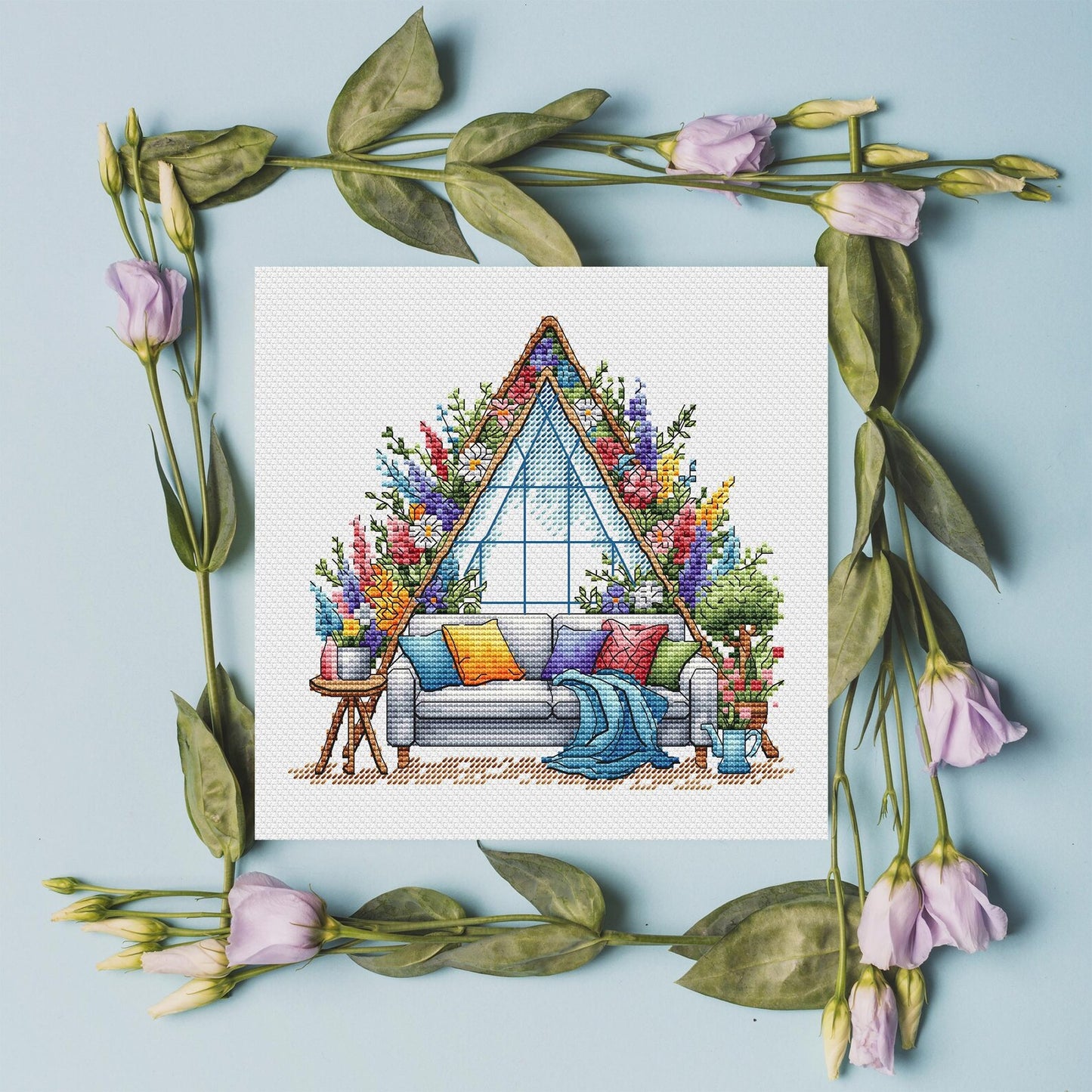 Garden Pattern for Cross Stitch, Spring Embroidery PDF, Green Garden Embroidery PDF, Terrace window cross stitch, Embroidery Counted Cross