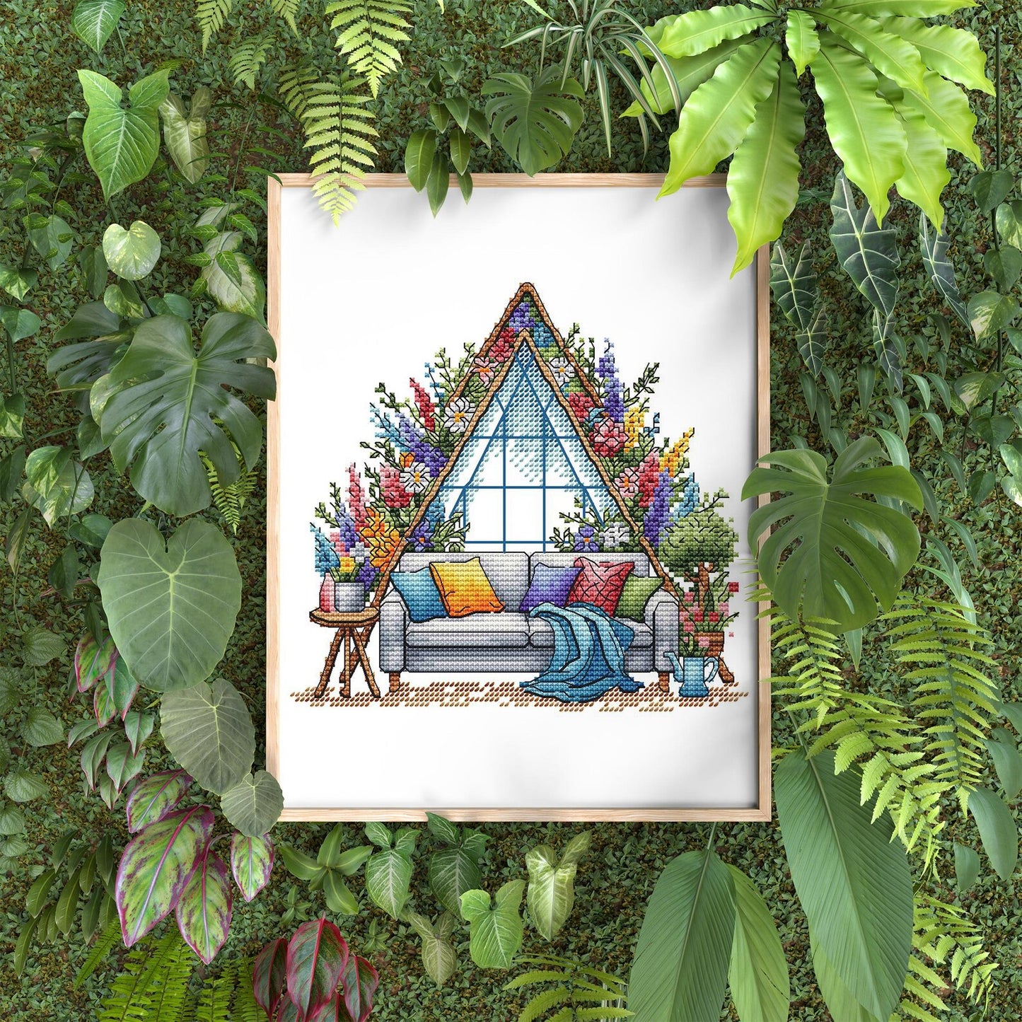 Garden Pattern for Cross Stitch, Spring Embroidery PDF, Green Garden Embroidery PDF, Terrace window cross stitch, Embroidery Counted Cross