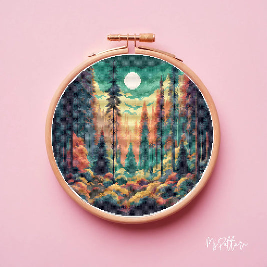 Moonlit forest cross stitch pattern, Landscape, Nature embroidery design, Instant download, PDF, Counted cross stitch chart, Trees X-stitch
