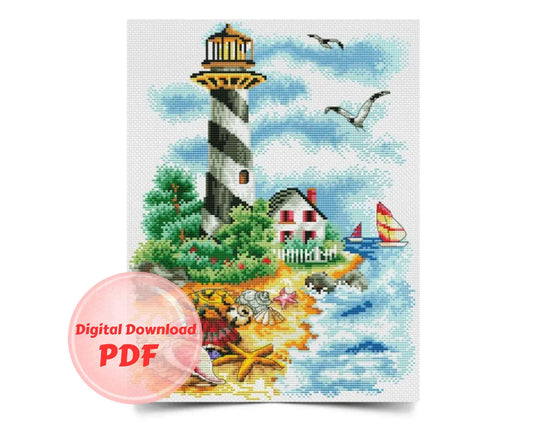 Cross Stitch Pattern - Lighthouse with Sea Treasures -Counted Cross Stitch Design/Instant Digital Download/PDF Files