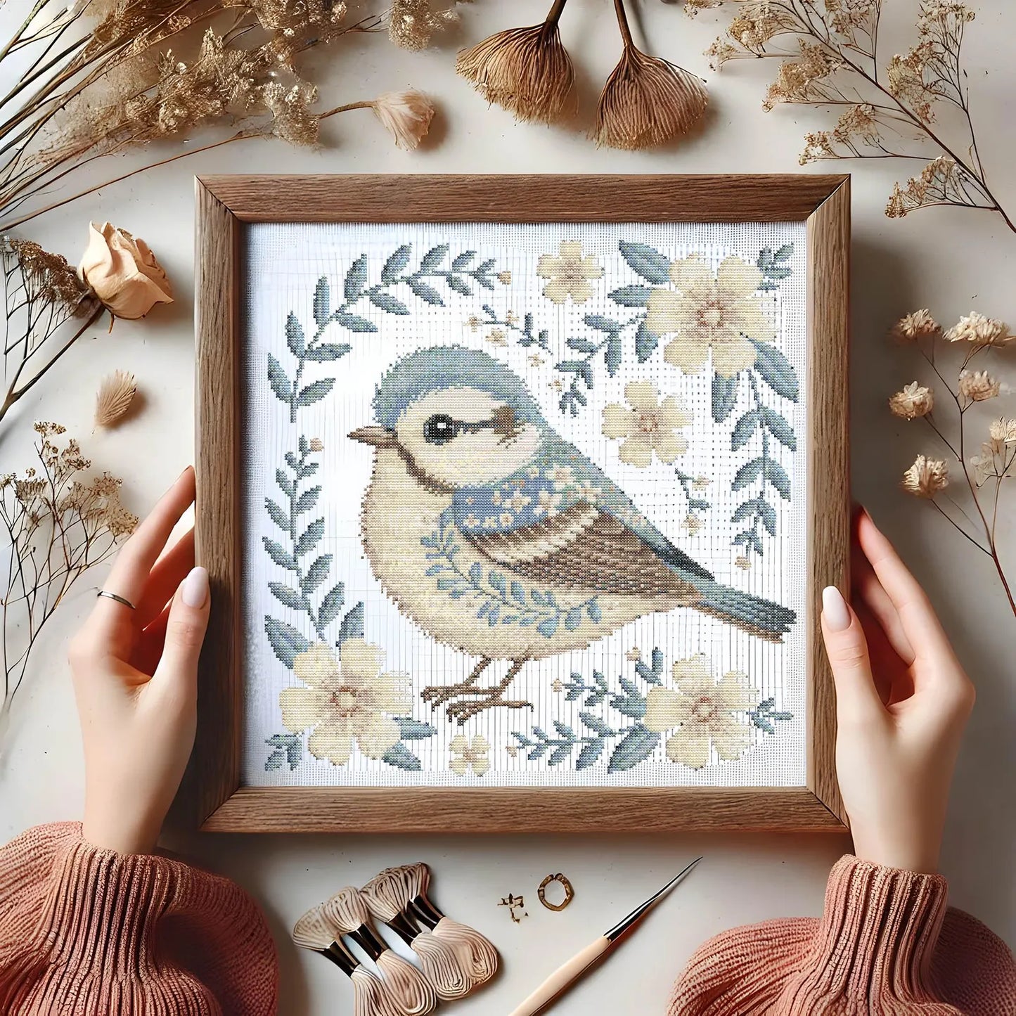Floral Bluebird Cross Stitch Pattern, Elegant Bird & Flowers Embroidery, Nature-Inspired Needlework, Botanical Songbird Cross Stitch PDF