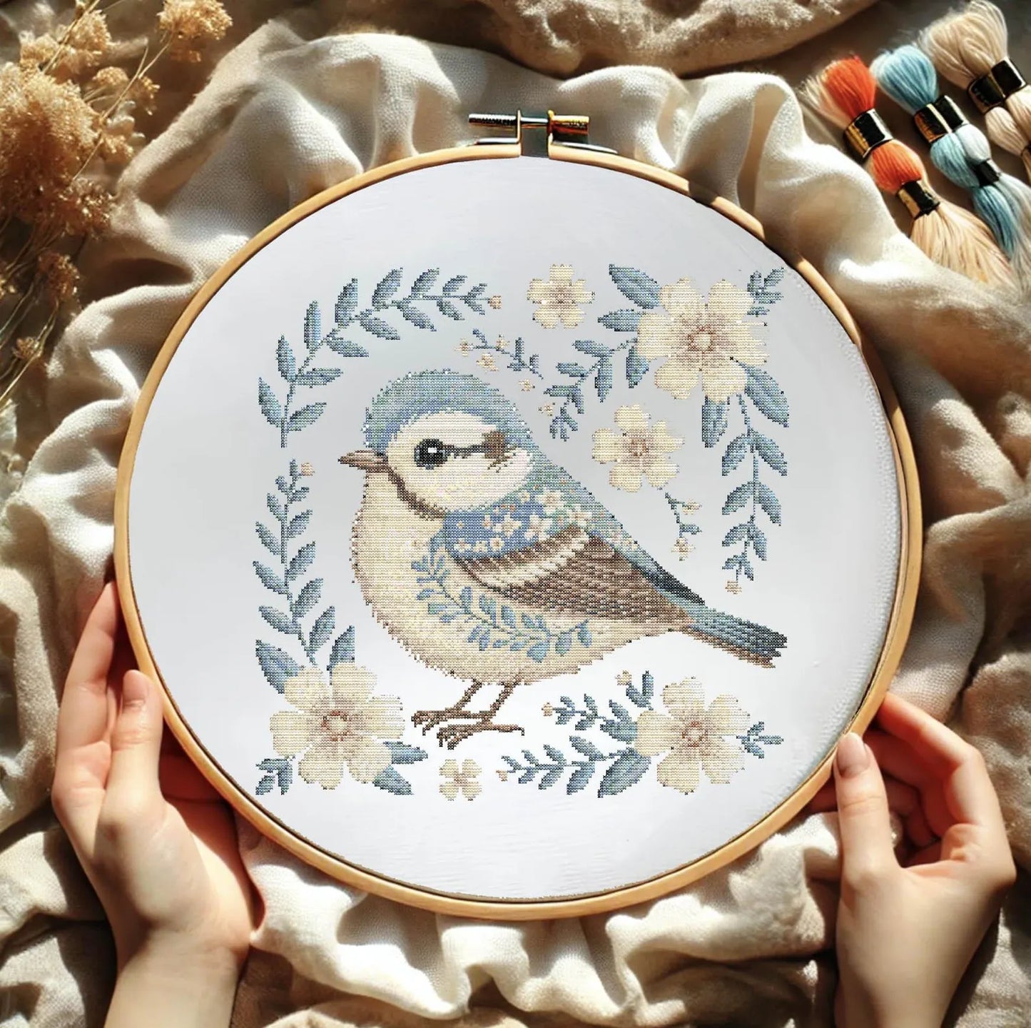 Floral Bluebird Cross Stitch Pattern, Elegant Bird & Flowers Embroidery, Nature-Inspired Needlework, Botanical Songbird Cross Stitch PDF