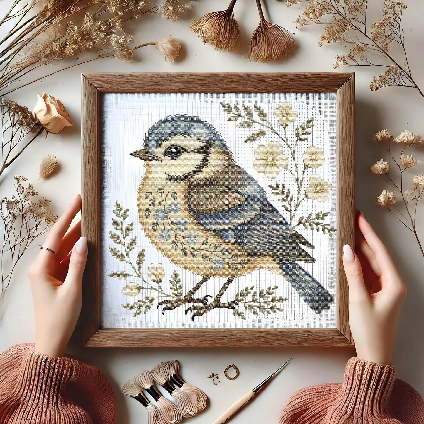 Floral Bluebird Cross Stitch Pattern, Elegant Bird, Wildflowers Embroidery, Cottagecore Nature Needlework, Botanical Songbird Stitch Pattern