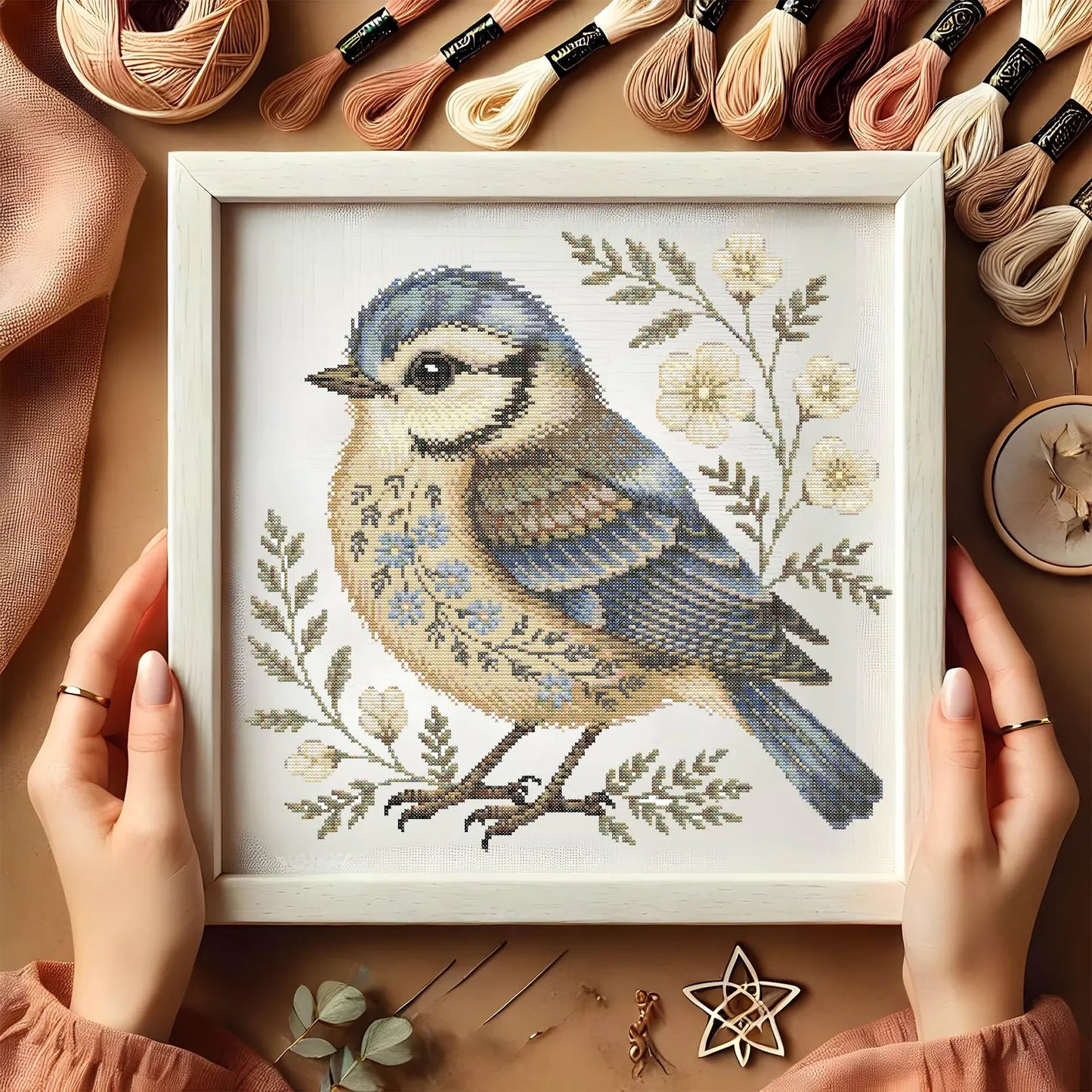 Floral Bluebird Cross Stitch Pattern, Elegant Bird, Wildflowers Embroidery, Cottagecore Nature Needlework, Botanical Songbird Stitch Pattern
