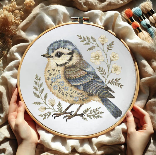 Floral Bluebird Cross Stitch Pattern, Elegant Bird, Wildflowers Embroidery, Cottagecore Nature Needlework, Botanical Songbird Stitch Pattern