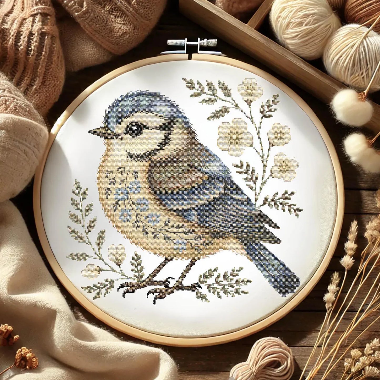 Floral Bluebird Cross Stitch Pattern, Elegant Bird, Wildflowers Embroidery, Cottagecore Nature Needlework, Botanical Songbird Stitch Pattern
