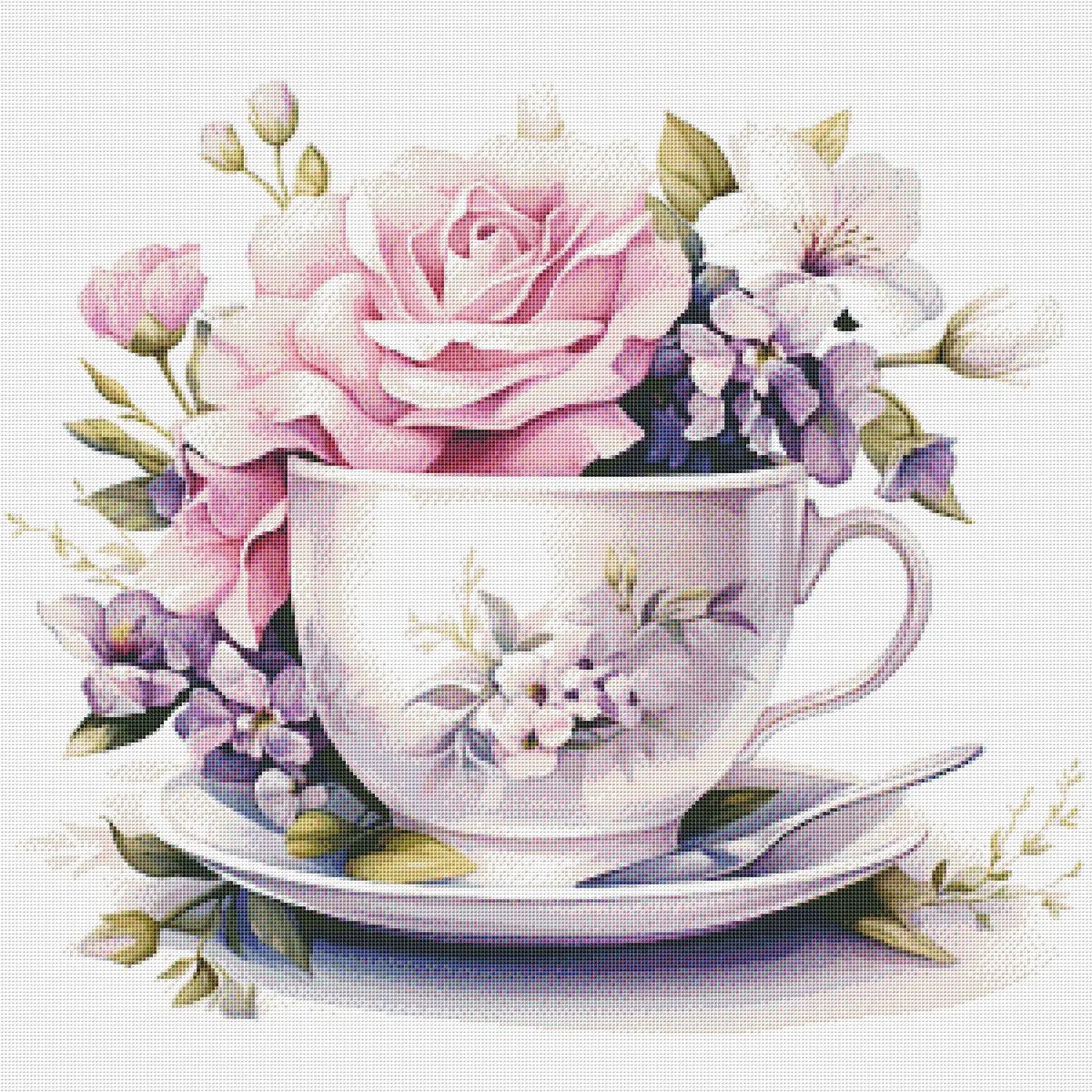 Blooming Tea Cup Cross Stitch Pattern Pattern Bouquet of roses Kitchen Still Life Modern Decor Pattern Embroidery Needlepoint chart PDF