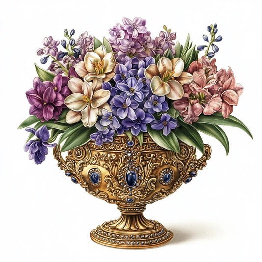 Floral bouquet ornate golden bowl Hyacinths cross stitch pattern. Instant PDF Download. 62,500 Stitches.