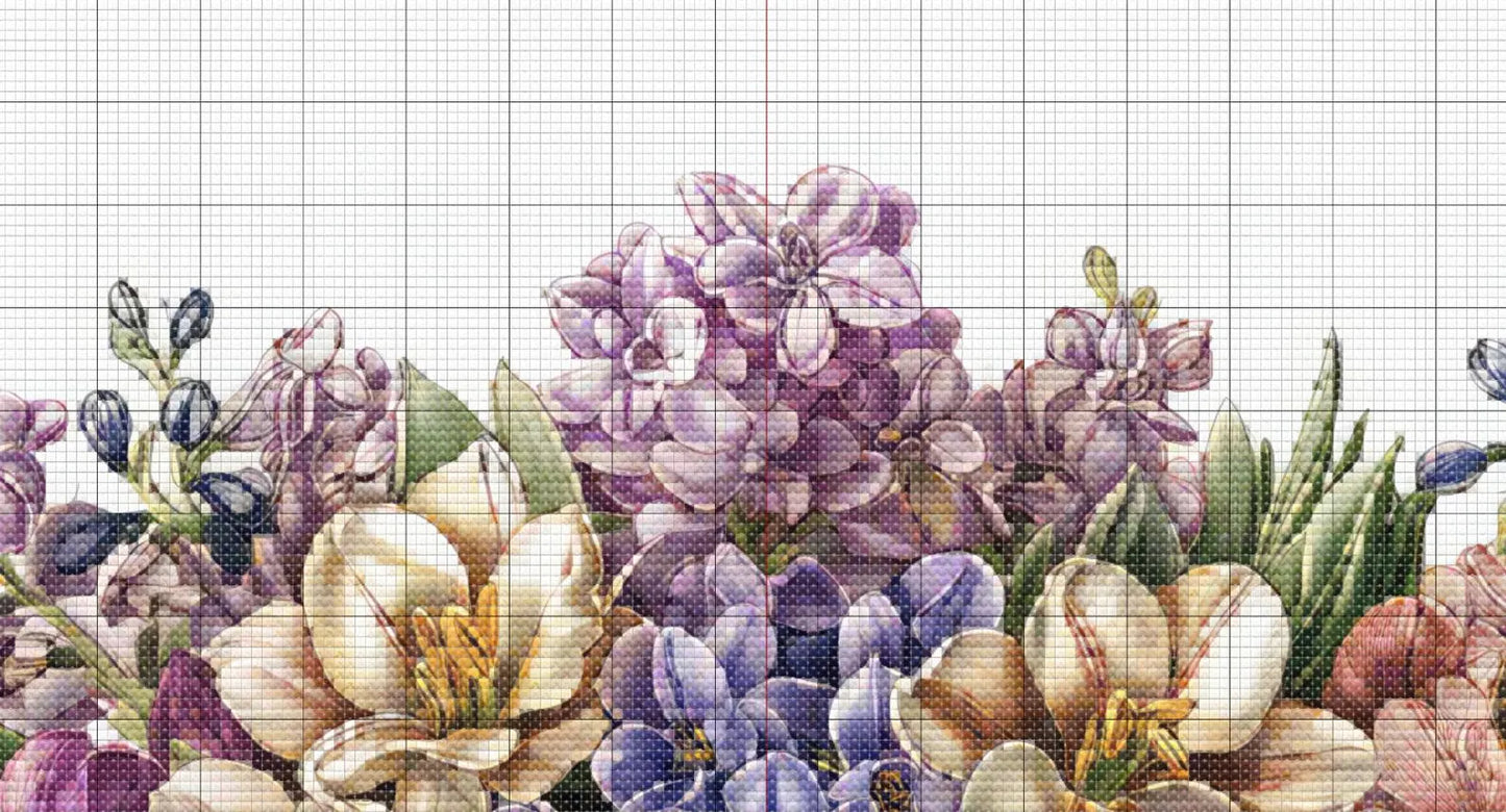 Floral bouquet ornate golden bowl Hyacinths cross stitch pattern. Instant PDF Download. 62,500 Stitches.