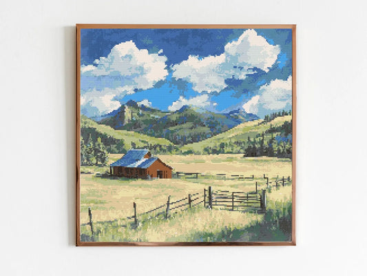 Yosemite Style Meadow Cross Stitch Sewing Embroidery Pattern X-Stitch Landscape Cottagecore Montana Wild West Barn Farm Ranch Cowboy