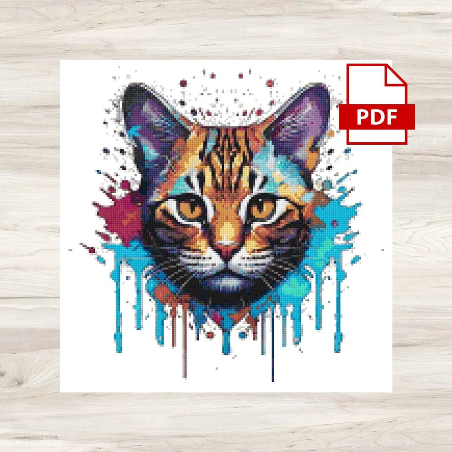 Cross Stitch Pattern: Splatter Cat Art Motif 1 - PDF Instant Download