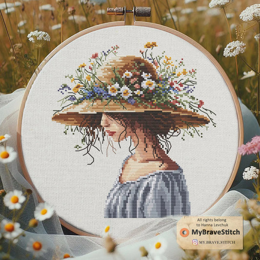 Girl in a hat Cross Stitch, Cross Stitch Pattern, Girl cross stitch, punto de cruz, point de croix, count cross stitch pattern