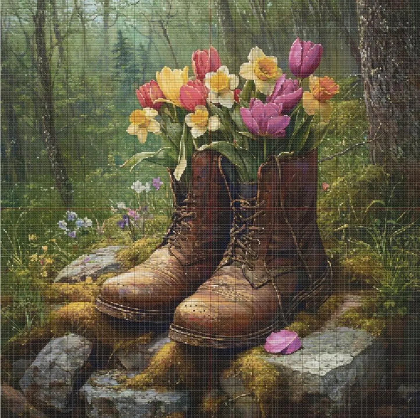 Bouquet of Spring Flowers in Old Leather Boot cross stitch pattern. Instant PDF Download. 62,500 Stitches.