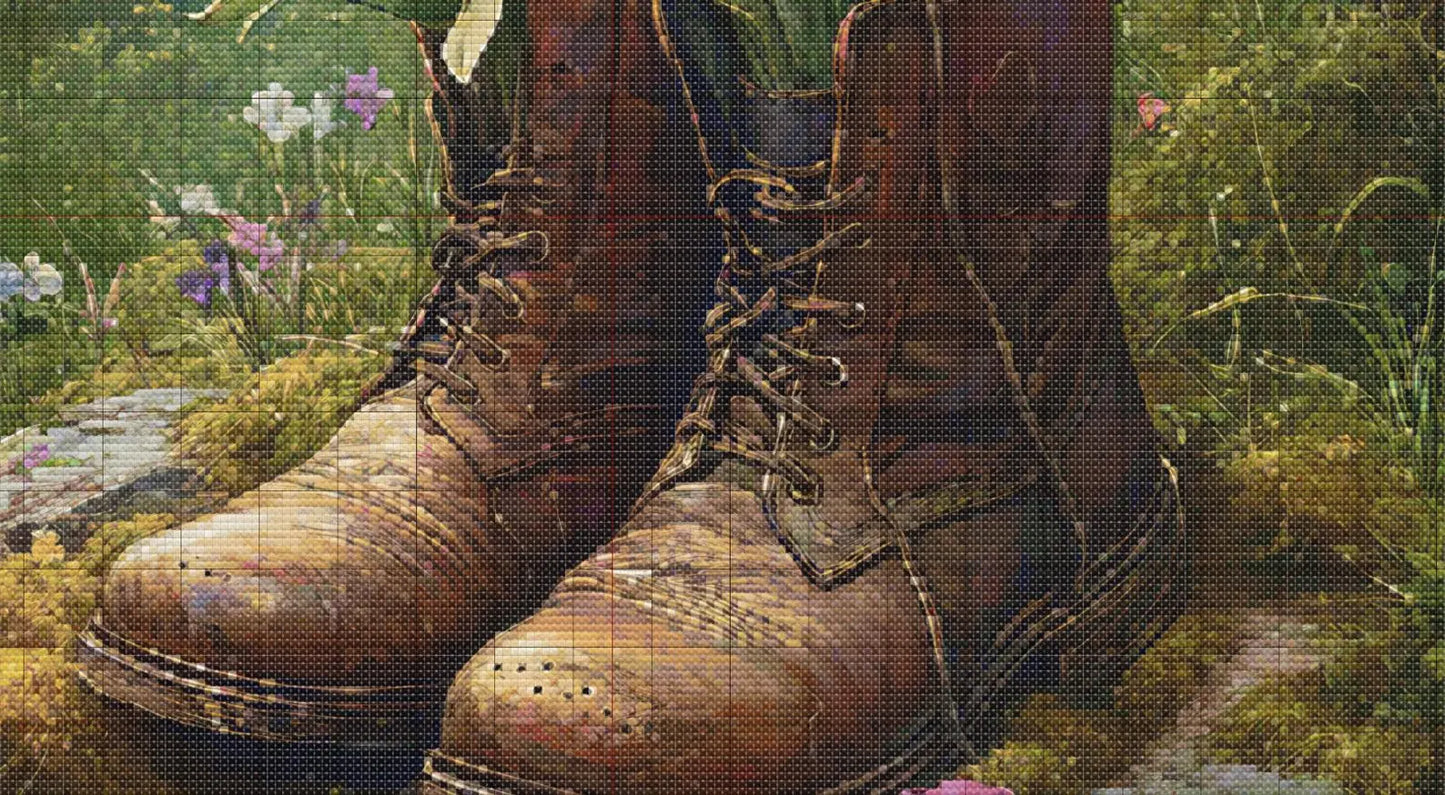 Bouquet of Spring Flowers in Old Leather Boot cross stitch pattern. Instant PDF Download. 62,500 Stitches.
