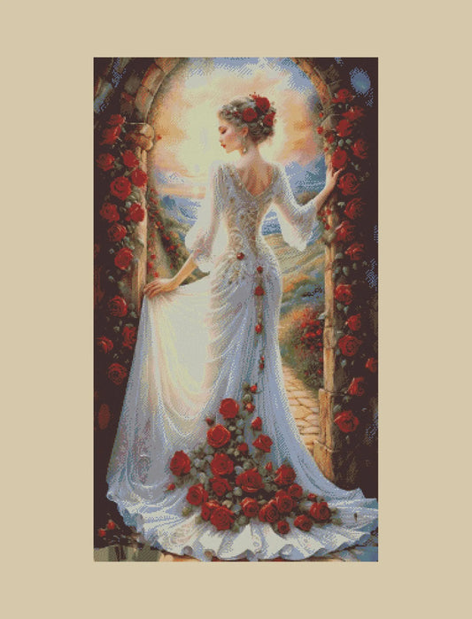 Whispers of Roses: Enchanted Bride Cross Stitch Pattern- Printable Chart PDF Format Needlework Embroidery Crafts DIY DMC color