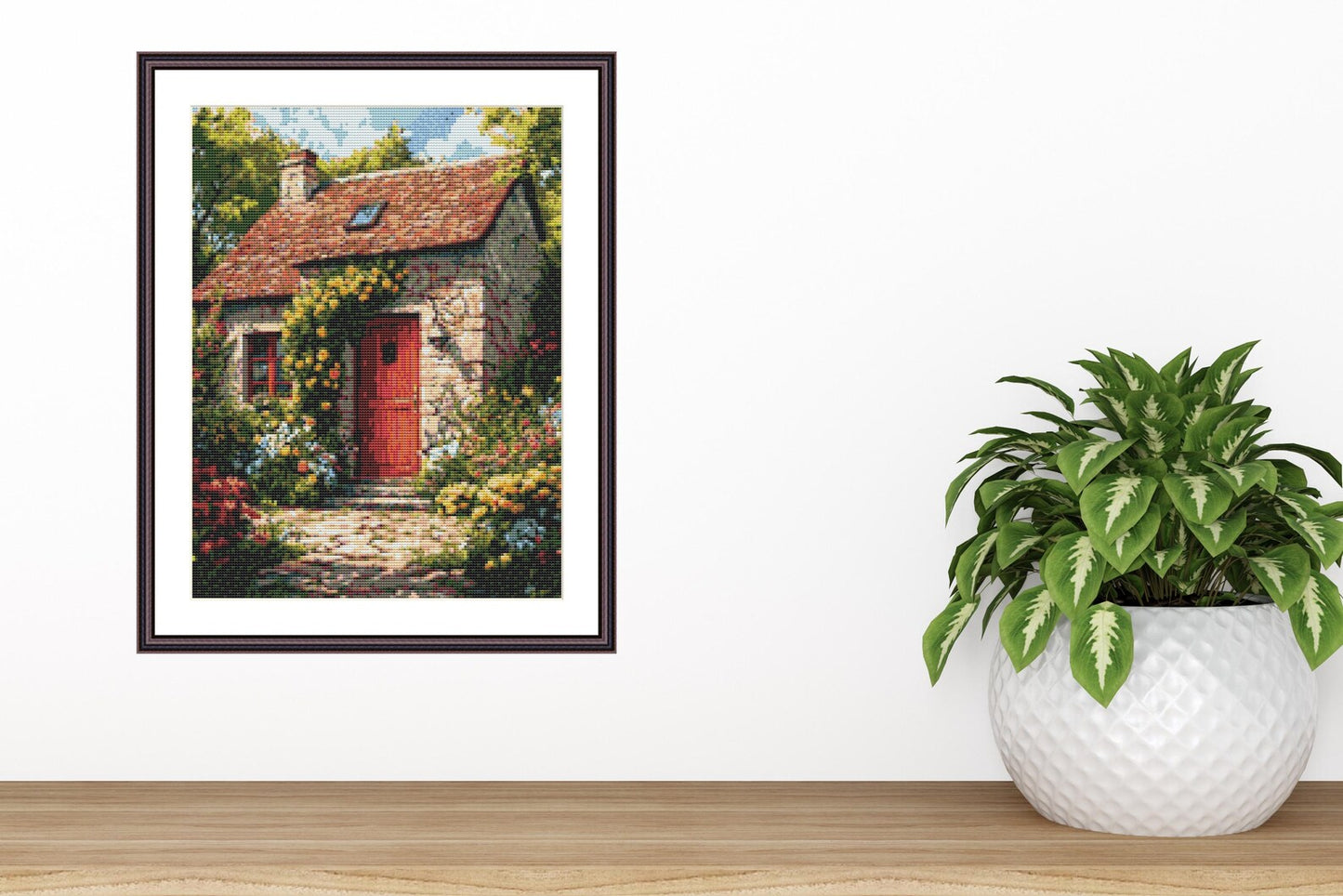 Red Door Garden Shed Scene Cross Stitch Pattern - Garden Cross Stitch - Download - Full Coverage Cross Stitch