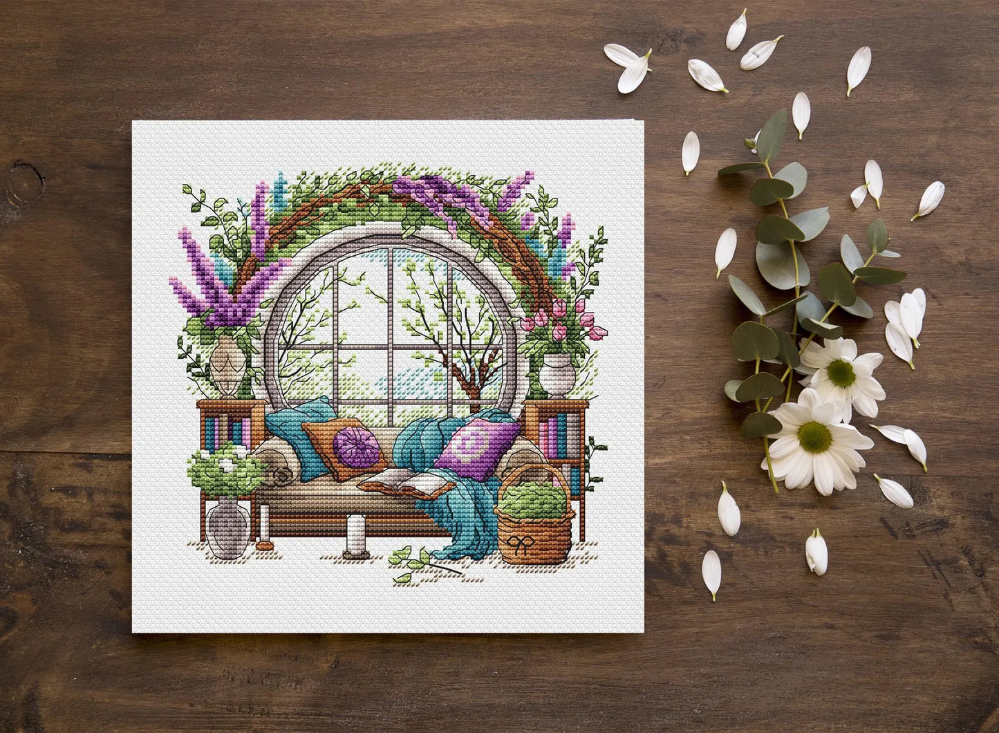 Garden Pattern for Cross Stitch, Interior Embroidery PDF, Green Garden Embroidery PDF, Terrace window cross stitch, Embroidery decor