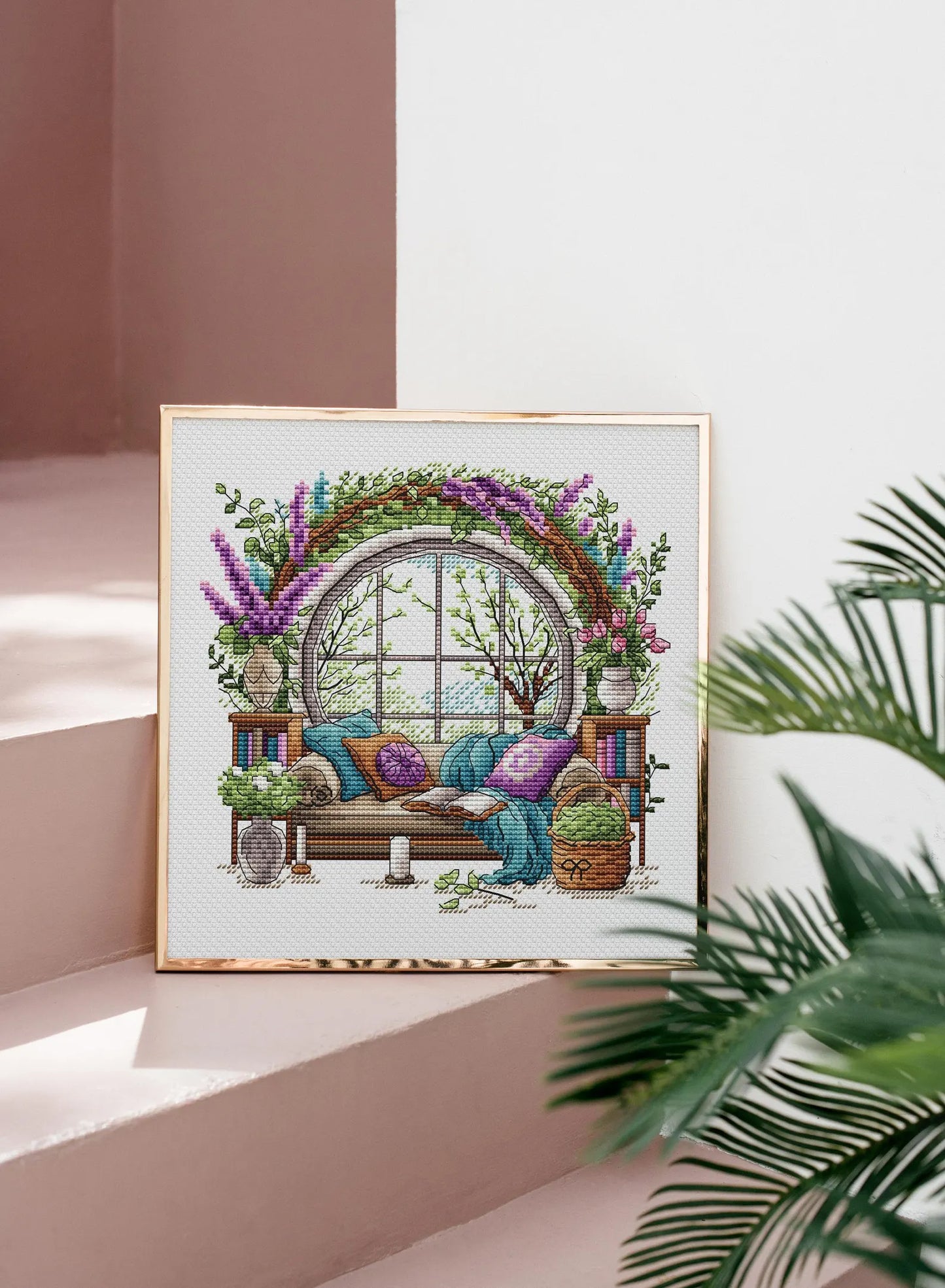 Garden Pattern for Cross Stitch, Interior Embroidery PDF, Green Garden Embroidery PDF, Terrace window cross stitch, Embroidery decor