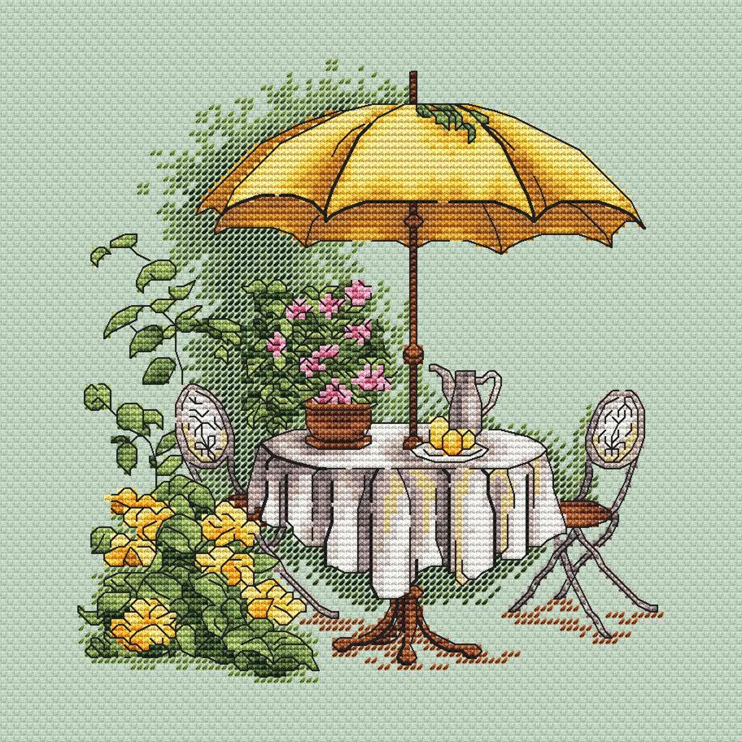 Garden Pattern for Cross Stitch, Interior Embroidery PDF, Green Garden Embroidery PDF, Terrace cross stitch, Lemon Embroidery decor