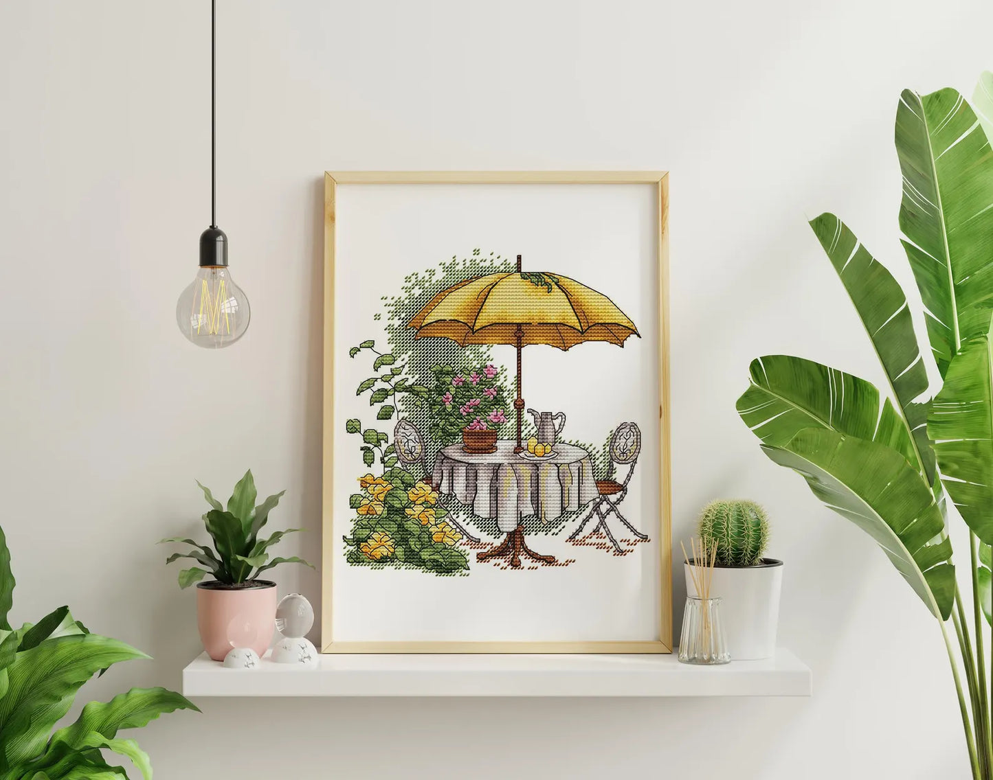 Garden Pattern for Cross Stitch, Interior Embroidery PDF, Green Garden Embroidery PDF, Terrace cross stitch, Lemon Embroidery decor