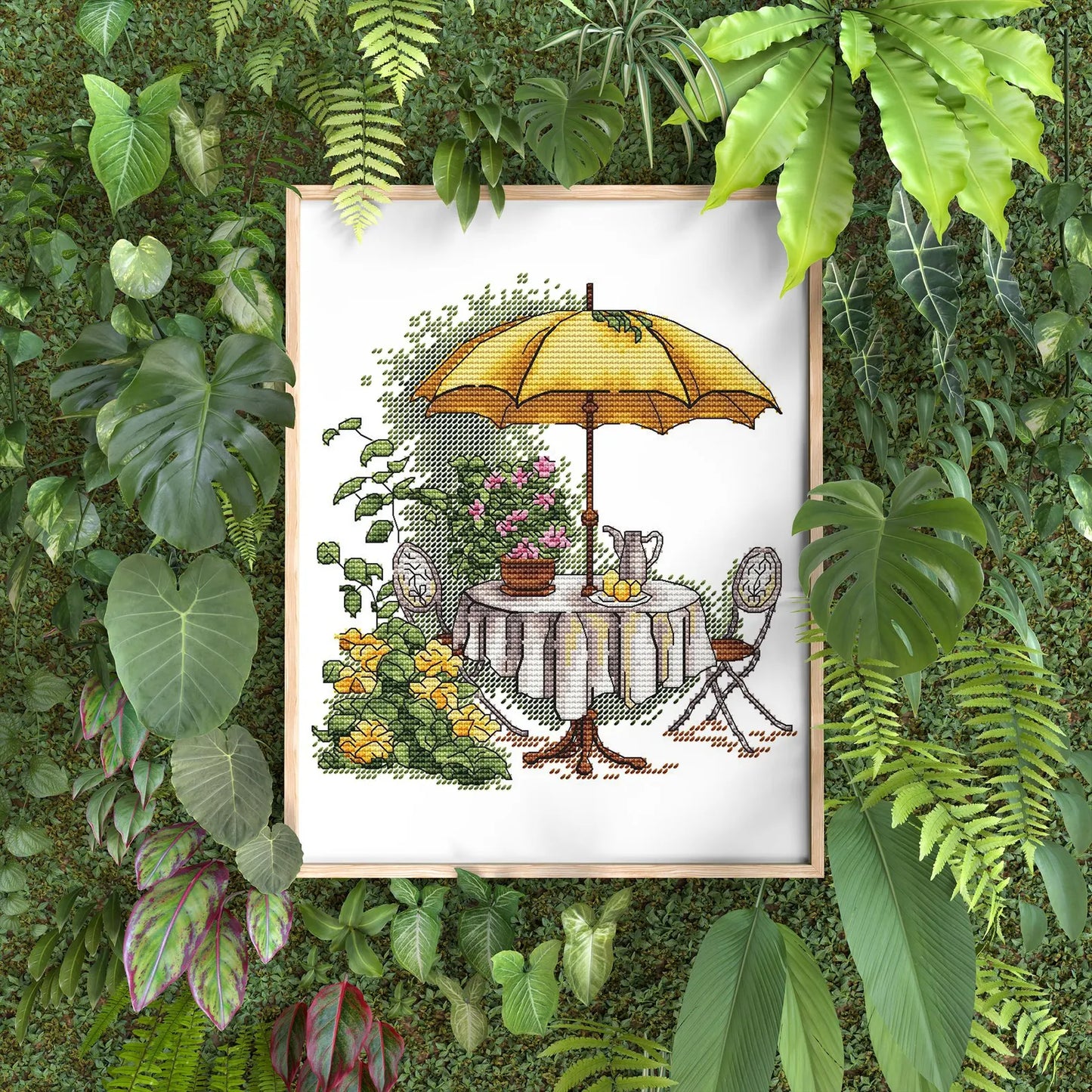 Garden Pattern for Cross Stitch, Interior Embroidery PDF, Green Garden Embroidery PDF, Terrace cross stitch, Lemon Embroidery decor