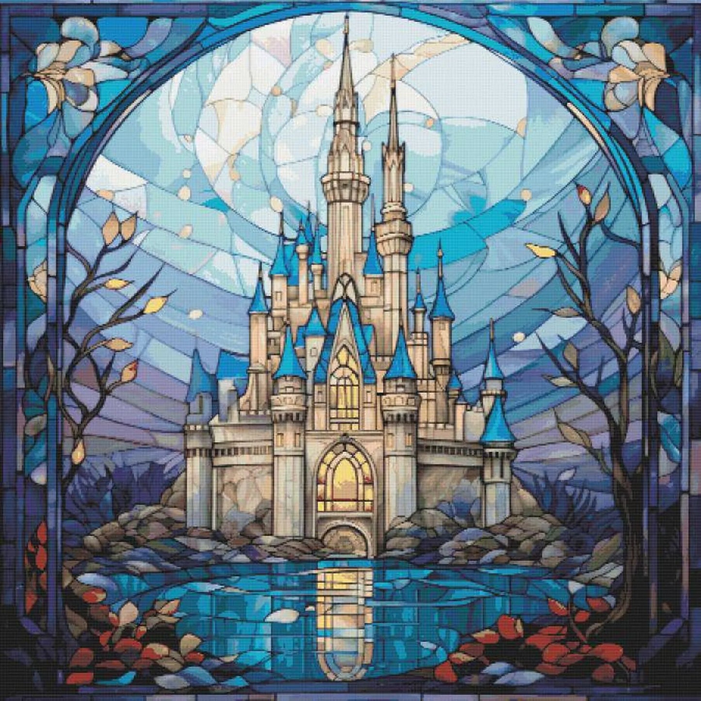 Blue castle cross stitch pattern full coverage PDF
