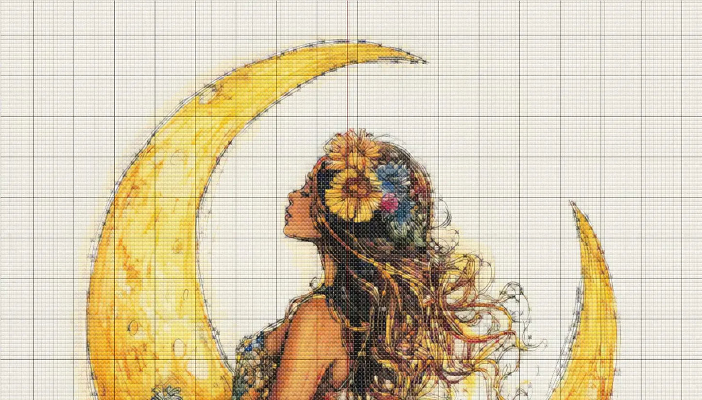 Flower Lady Floral Moon cross stitch pattern. Instant PDF Download. 52,500 Stitches.