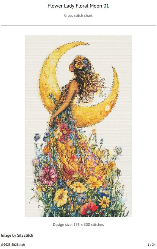 Flower Lady Floral Moon cross stitch pattern. Instant PDF Download. 52,500 Stitches.