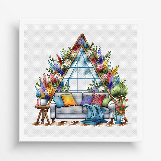 Garden Pattern for Cross Stitch, Spring Embroidery PDF, Green Garden Embroidery PDF, Terrace window cross stitch, Embroidery Counted Cross