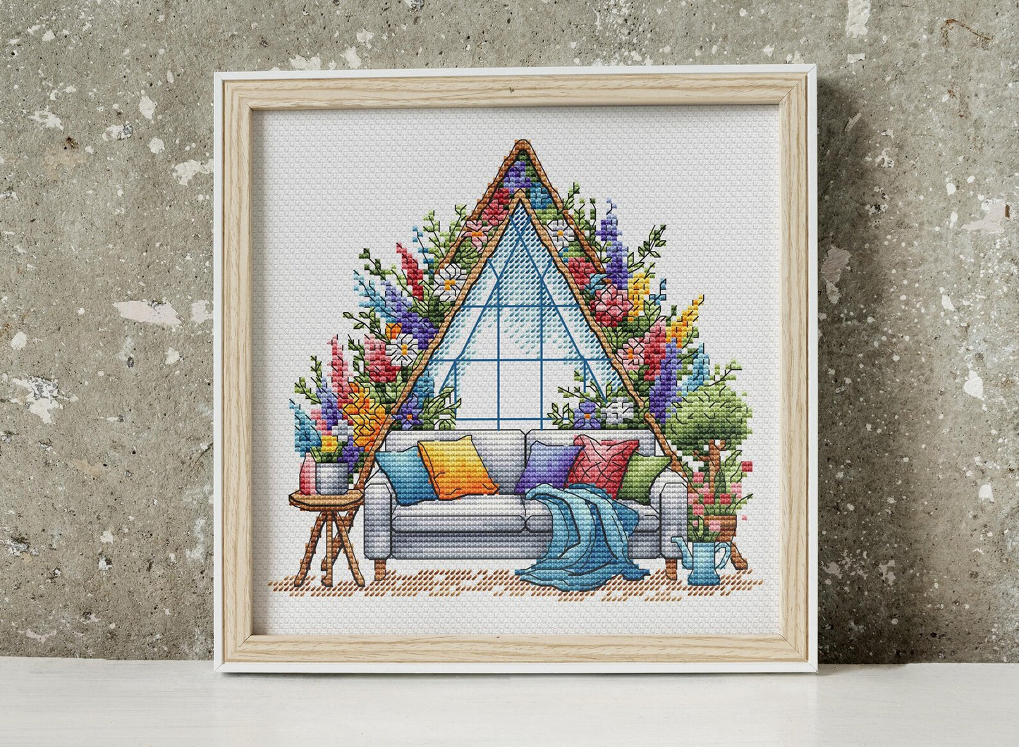 Garden Pattern for Cross Stitch, Spring Embroidery PDF, Green Garden Embroidery PDF, Terrace window cross stitch, Embroidery Counted Cross