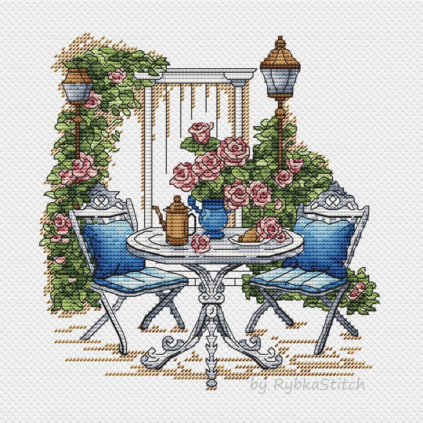 Garden Pattern for Cross Stitch PDF, Rose Counted Cross Stitch, Green Garden Embroidery PDF Digital File Instant Download