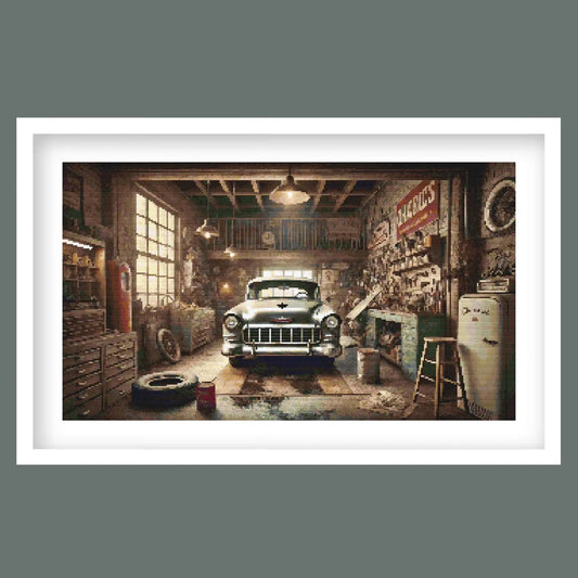 Classic Car Garage Cross Stitch Pattern – Vintage Workshop with Antique Chevy – Retro Auto Mechanic Decor – PDF Instant Download