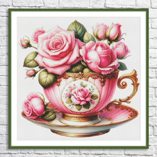 Blooming Tea Cup Cross Stitch Pattern Pattern Bouquet of roses Kitchen Still Life Modern Decor Pattern Embroidery Needlepoint chart PDF