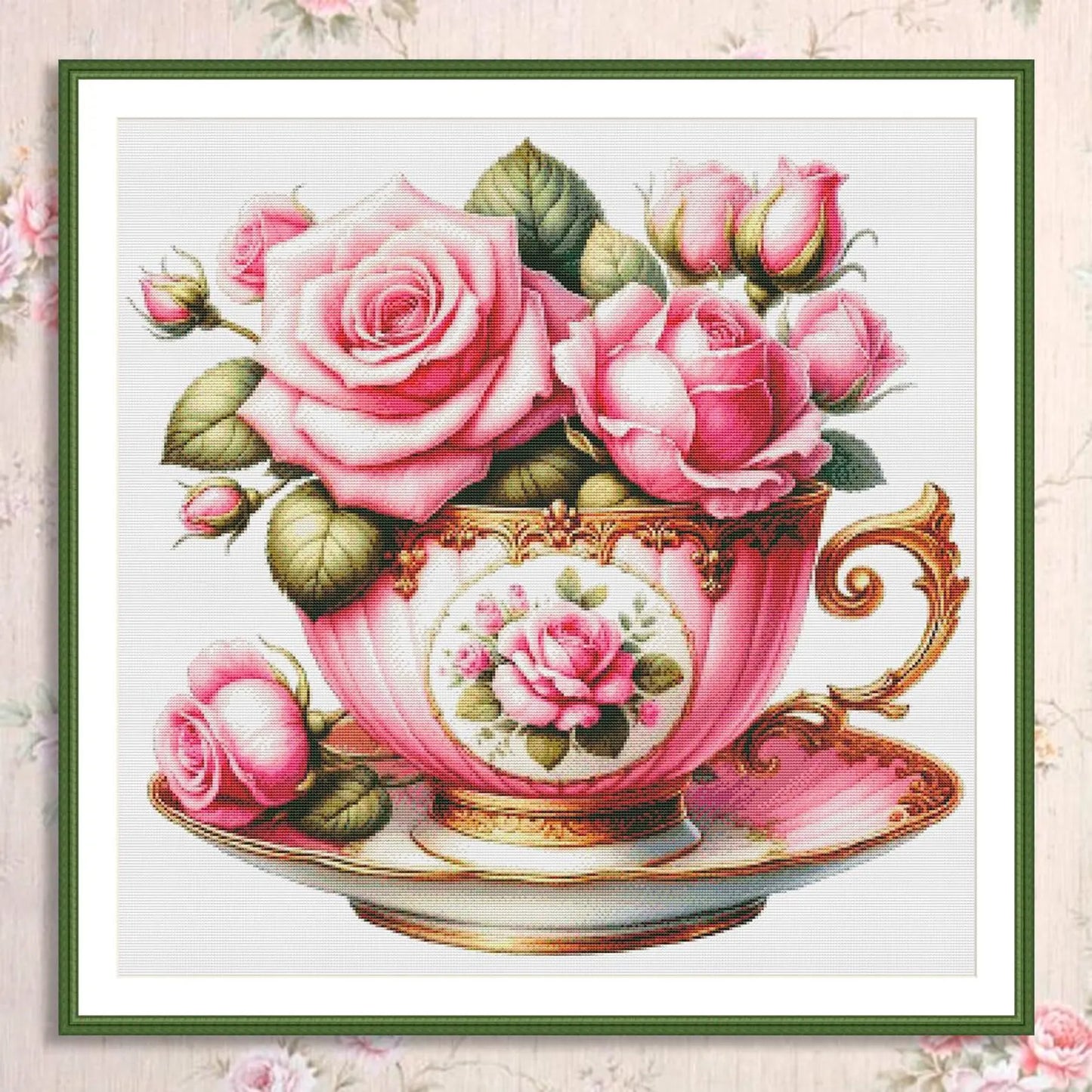 Blooming Tea Cup Cross Stitch Pattern Pattern Bouquet of roses Kitchen Still Life Modern Decor Pattern Embroidery Needlepoint chart PDF