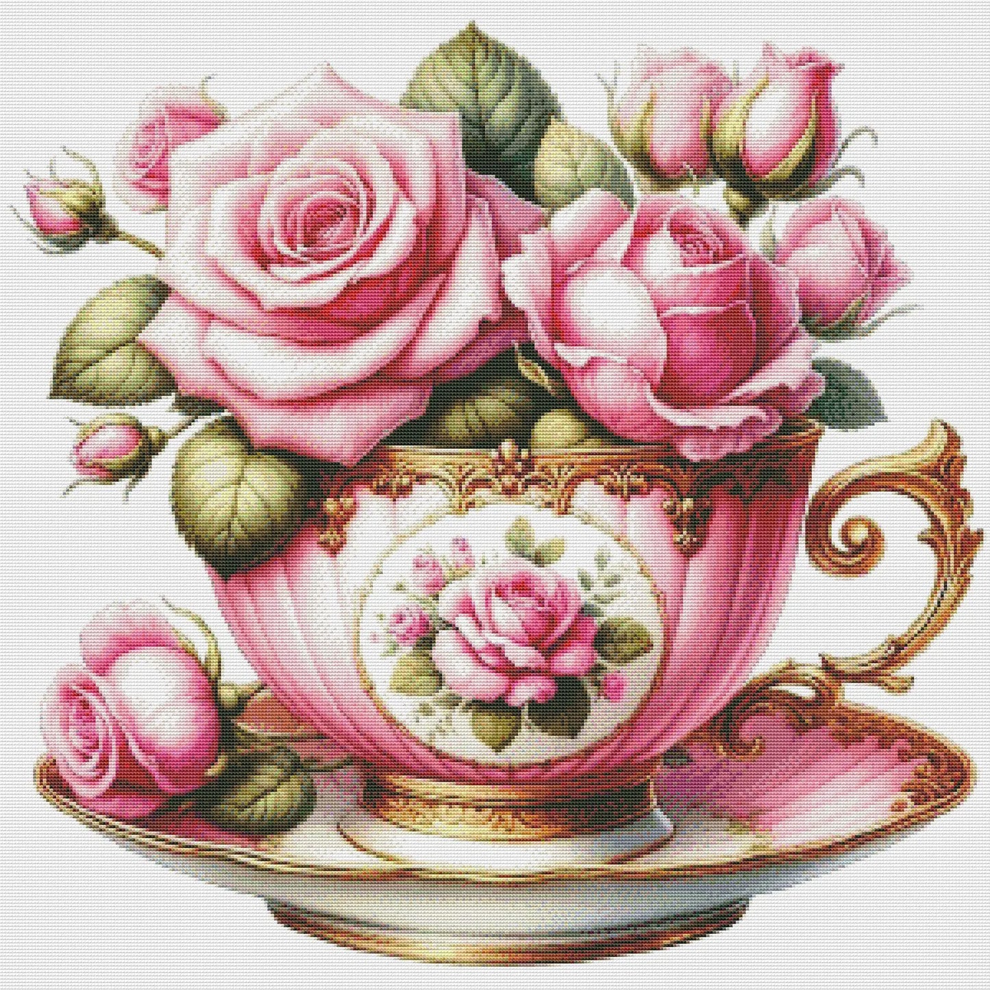Blooming Tea Cup Cross Stitch Pattern Pattern Bouquet of roses Kitchen Still Life Modern Decor Pattern Embroidery Needlepoint chart PDF