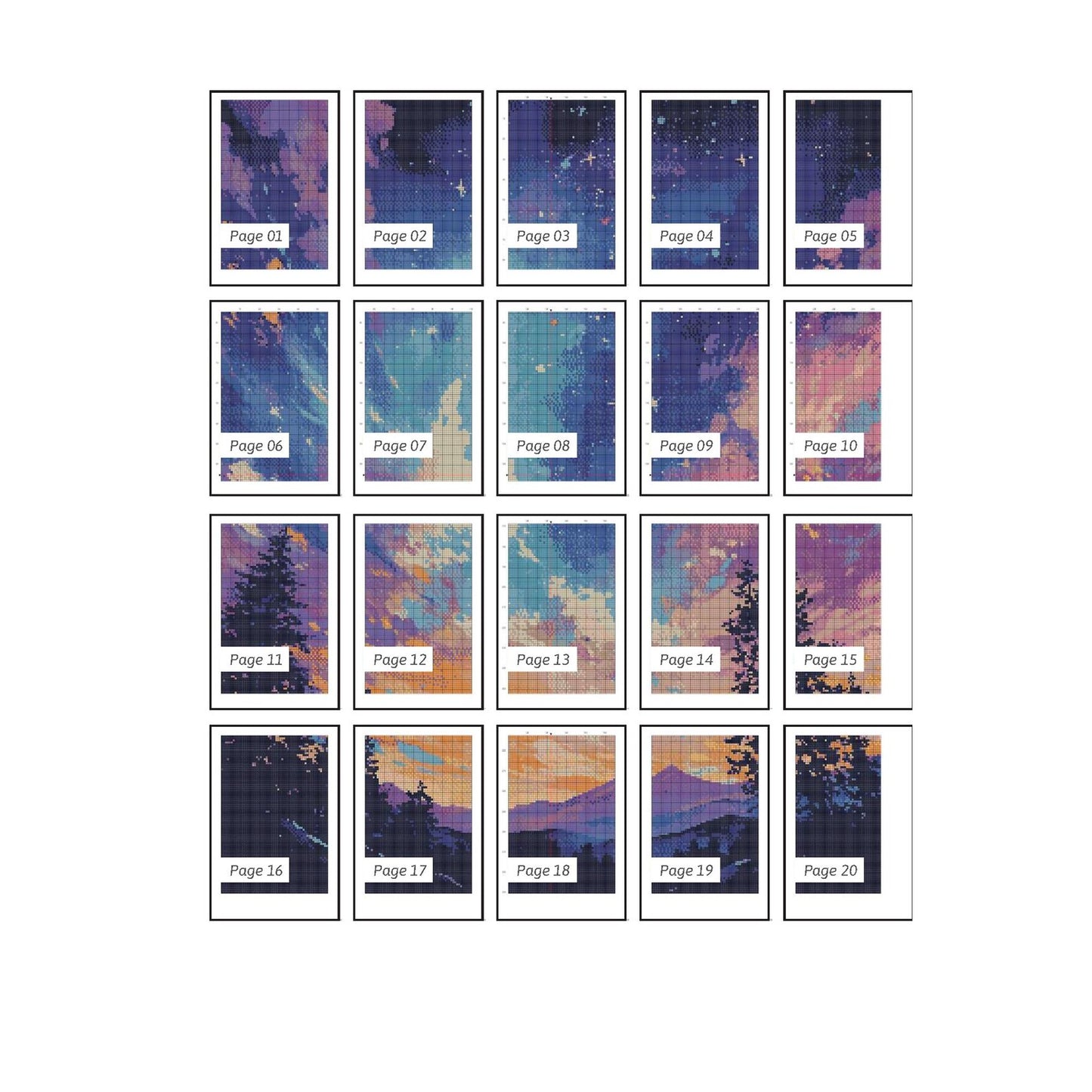 Night Sky over Trees Cross Stitch Pattern | Landscape Large Counted Cross Stitch Chart Download | Fantasy Cross Stitch Patterns