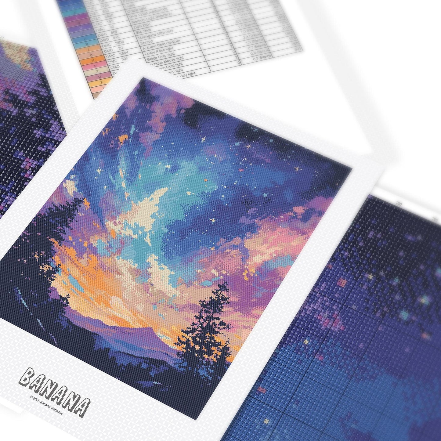Night Sky over Trees Cross Stitch Pattern | Landscape Large Counted Cross Stitch Chart Download | Fantasy Cross Stitch Patterns