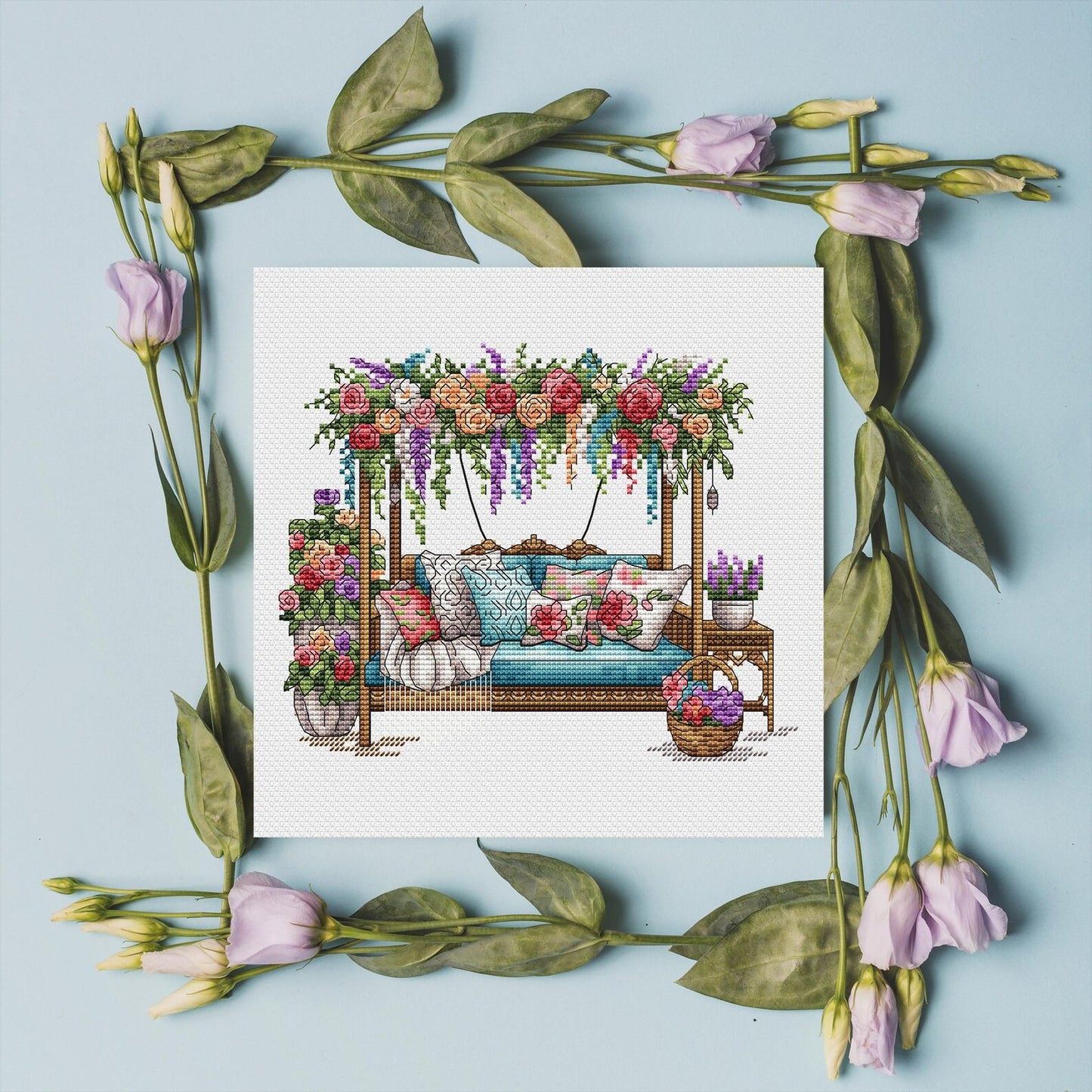 Garden Pattern for Cross Stitch PDF, Spring Embroidery PDF, Flowers Cross Stitch, Green Garden Embroidery PDF Digital File Instant Download