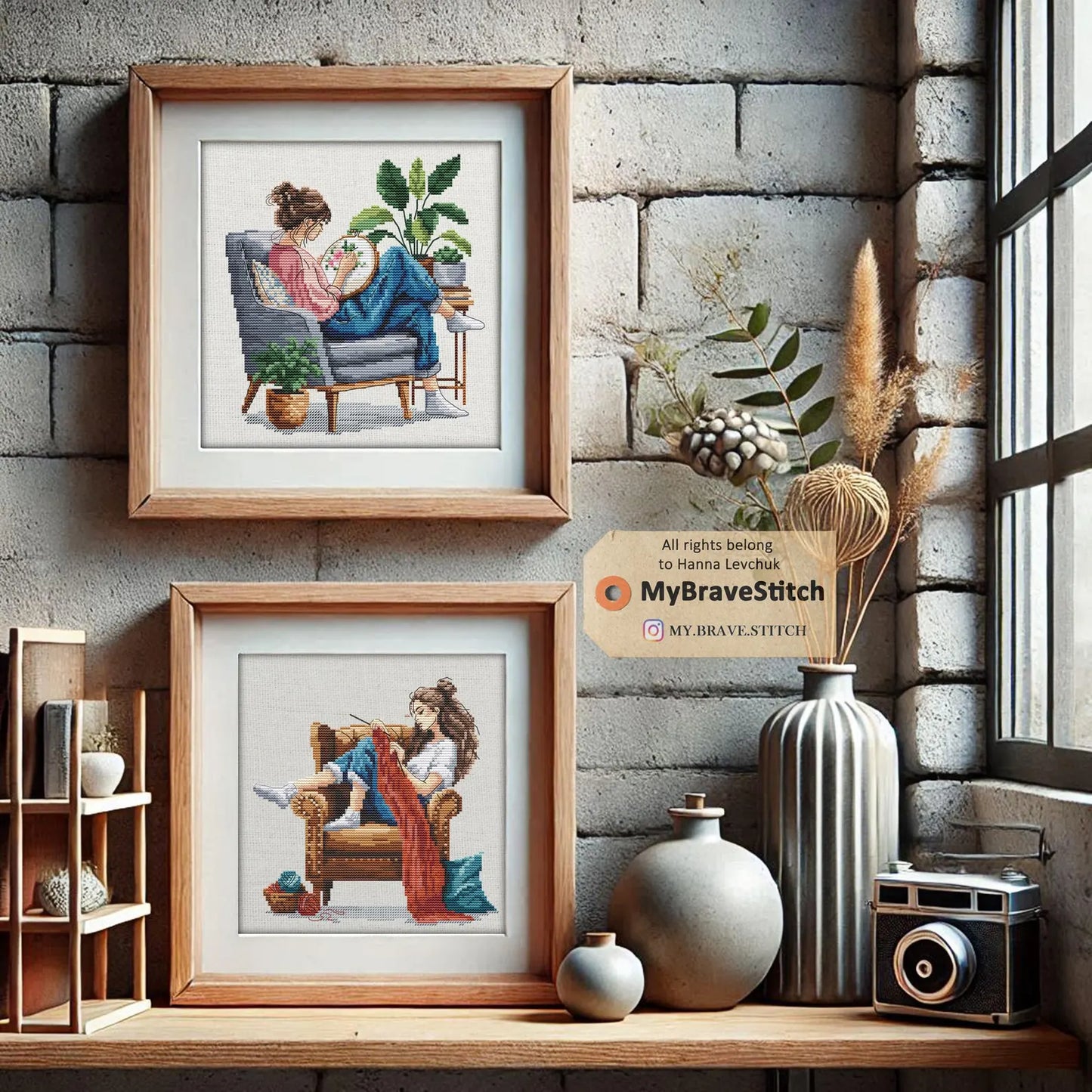 Set Of Two Cross Stitch and Knitting Girls Cross Stitch Pattern PDF, cross stitch patterns, point de croix, punto de cruz