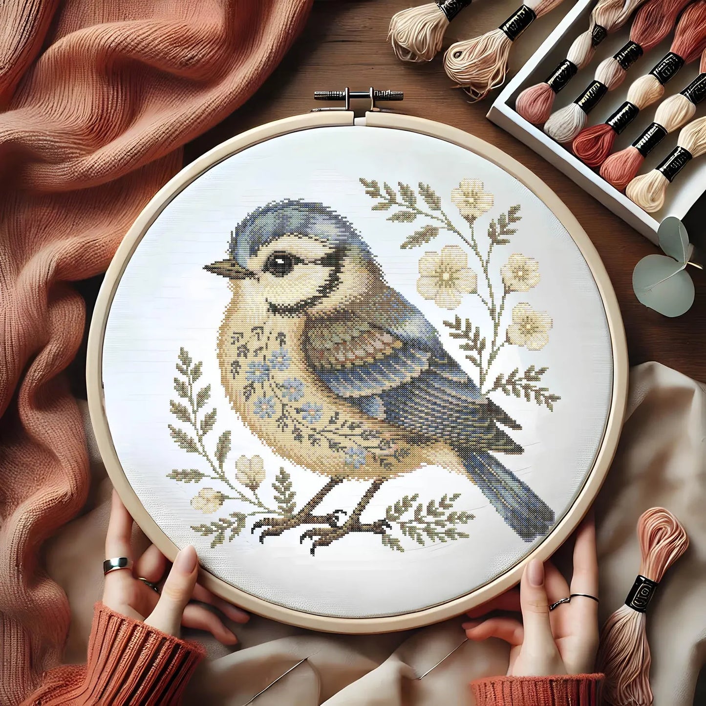 Floral Bluebird Cross Stitch Pattern, Elegant Bird, Wildflowers Embroidery, Cottagecore Nature Needlework, Botanical Songbird Stitch Pattern