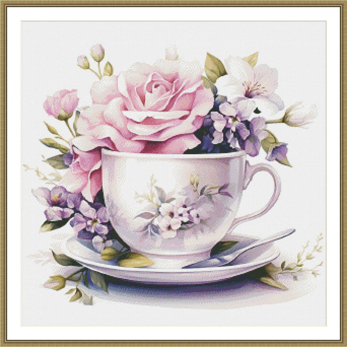 Blooming Tea Cup Cross Stitch Pattern Pattern Bouquet of roses Kitchen Still Life Modern Decor Pattern Embroidery Needlepoint chart PDF