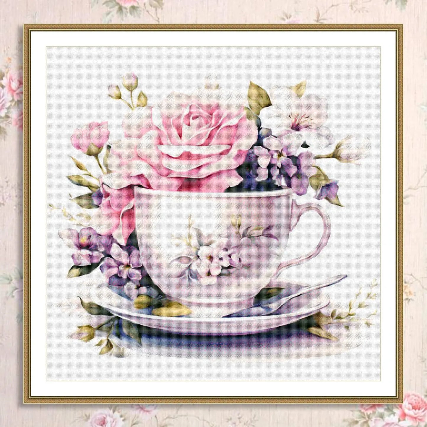 Blooming Tea Cup Cross Stitch Pattern Pattern Bouquet of roses Kitchen Still Life Modern Decor Pattern Embroidery Needlepoint chart PDF