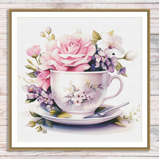 Blooming Tea Cup Cross Stitch Pattern Pattern Bouquet of roses Kitchen Still Life Modern Decor Pattern Embroidery Needlepoint chart PDF