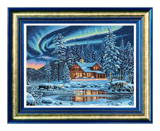 Cross Stitch Pattern Keeper Markup PDF + SAGA Aurora Cabin Winter Boreal Cottage Mountain Forest Woodland Trees Snow Iced Lake White Bear