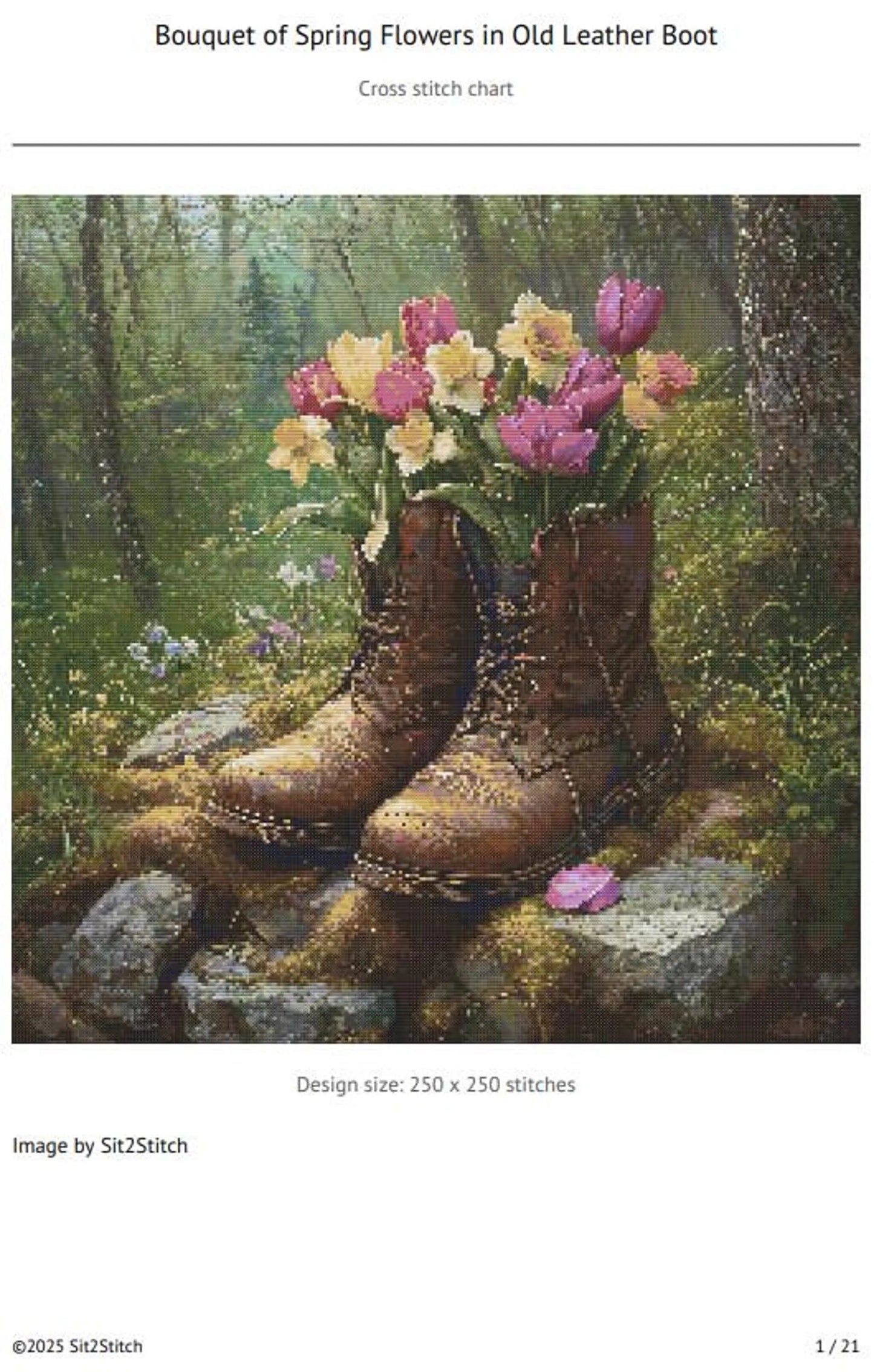 Bouquet of Spring Flowers in Old Leather Boot cross stitch pattern. Instant PDF Download. 62,500 Stitches.