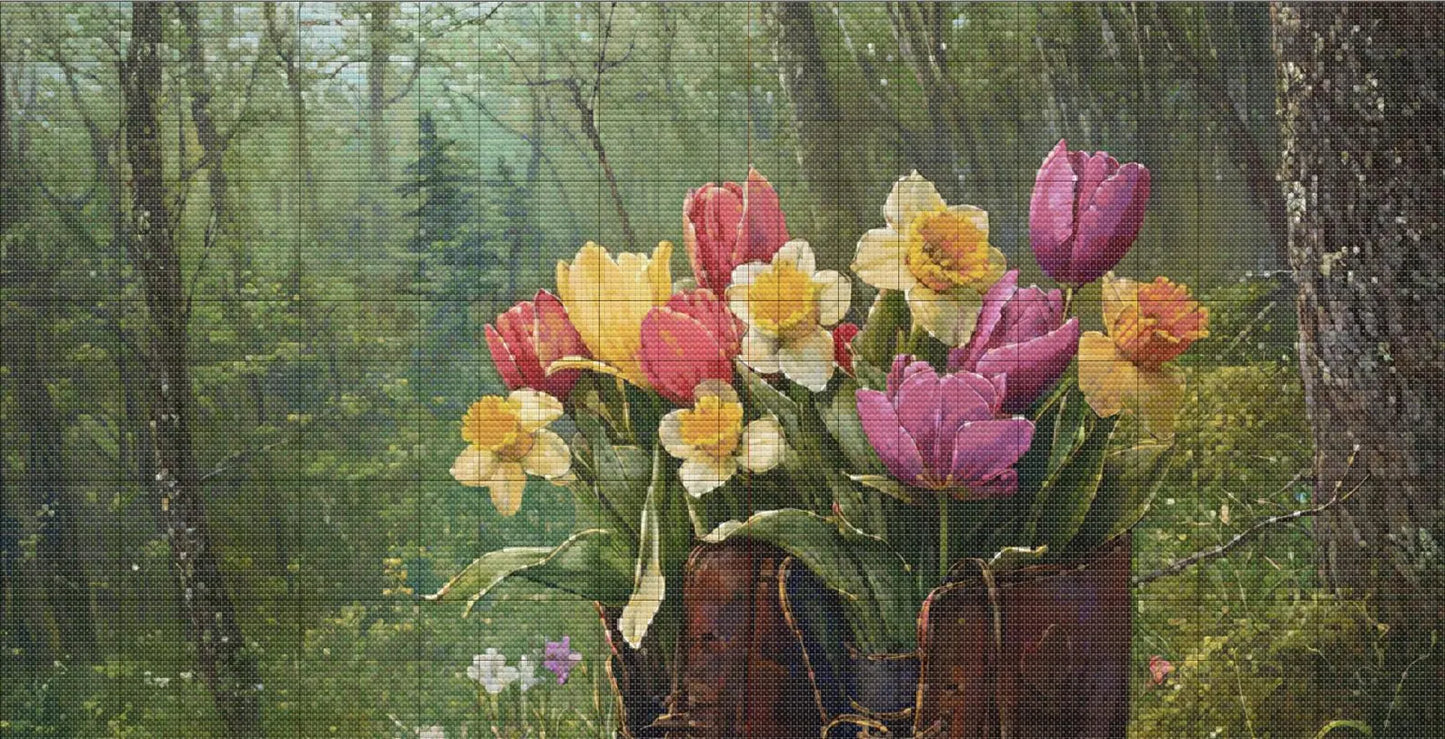 Bouquet of Spring Flowers in Old Leather Boot cross stitch pattern. Instant PDF Download. 62,500 Stitches.