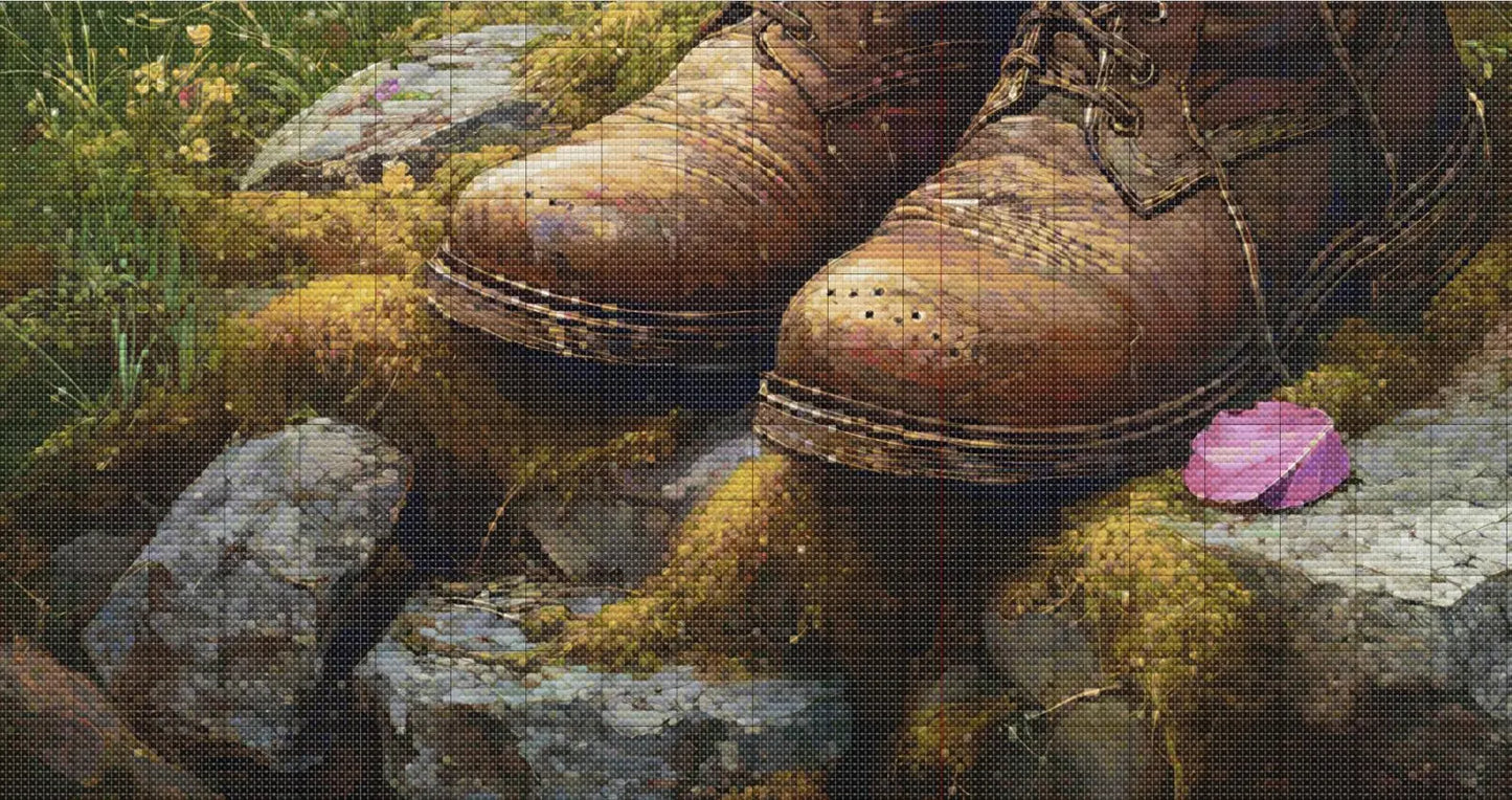 Bouquet of Spring Flowers in Old Leather Boot cross stitch pattern. Instant PDF Download. 62,500 Stitches.