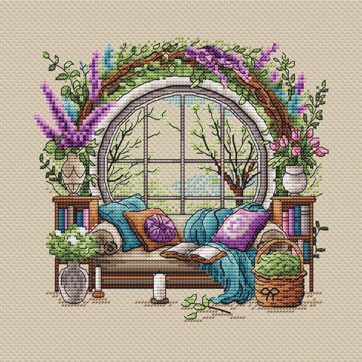 Garden Pattern for Cross Stitch, Interior Embroidery PDF, Green Garden Embroidery PDF, Terrace window cross stitch, Embroidery decor